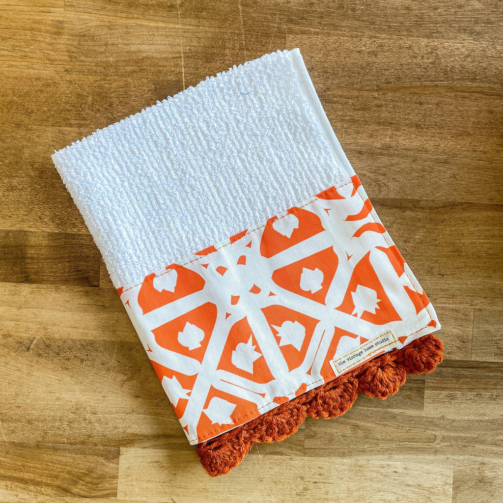 Orange Mediterranean Crochet Kitchen Towel from the Crochet Kitchen Bar Mop Towel Collection at The Vintage Home Studio, an affordable home decor store in North Wilkesboro, NC.