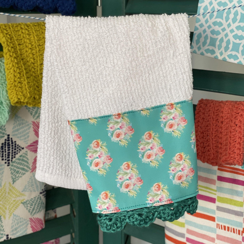 Teal Bouquets Crochet Kitchen Towel - The Vintage Home Studio