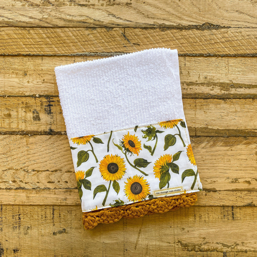 Classic Sunflowers Crochet Kitchen Towel from the Crochet Kitchen Bar Mop Towel Collection at The Vintage Home Studio, an affordable home decor store in North Wilkesboro, NC.