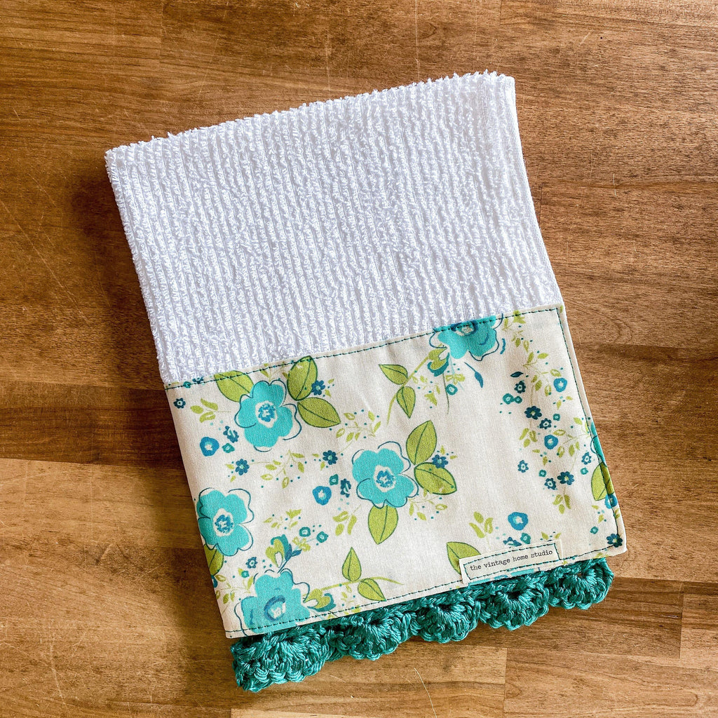 Ditsy Modern Floral Crochet Kitchen Towel from the Crochet Kitchen Bar Mop Towel Collection at The Vintage Home Studio, an affordable home decor store in North Wilkesboro, NC.