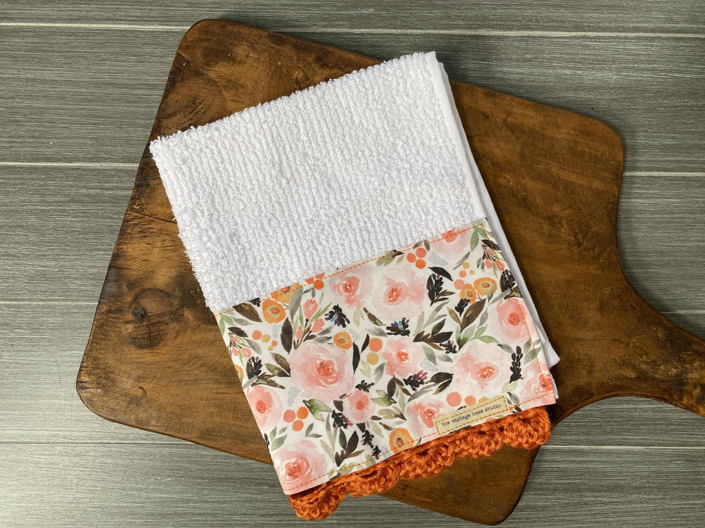 Tangerine Floral Crochet Kitchen Bar Mop Towel - The Vintage Home Studio