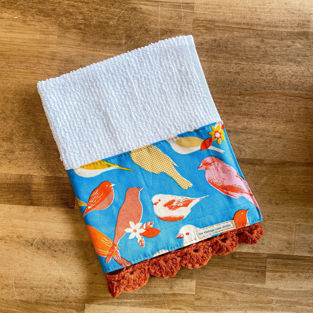 Retro Birds in Blue Crochet Kitchen Towel from the Crochet Kitchen Bar Mop Towel Collection at The Vintage Home Studio, an affordable home decor store in North Wilkesboro, NC.