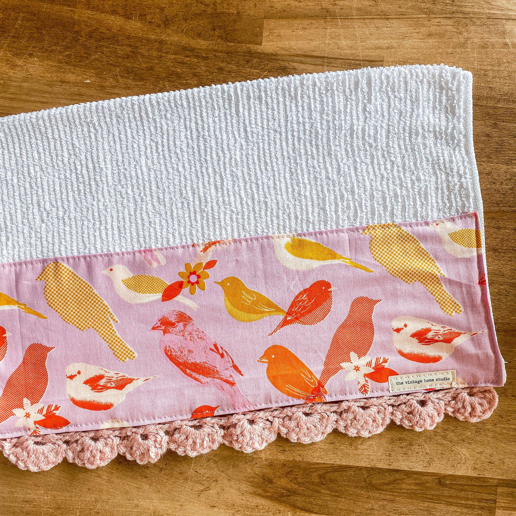 Retro Birds in Pink Crochet Kitchen Towel from the Crochet Kitchen Bar Mop Towel Collection at The Vintage Home Studio, an affordable home decor store in North Wilkesboro, NC.