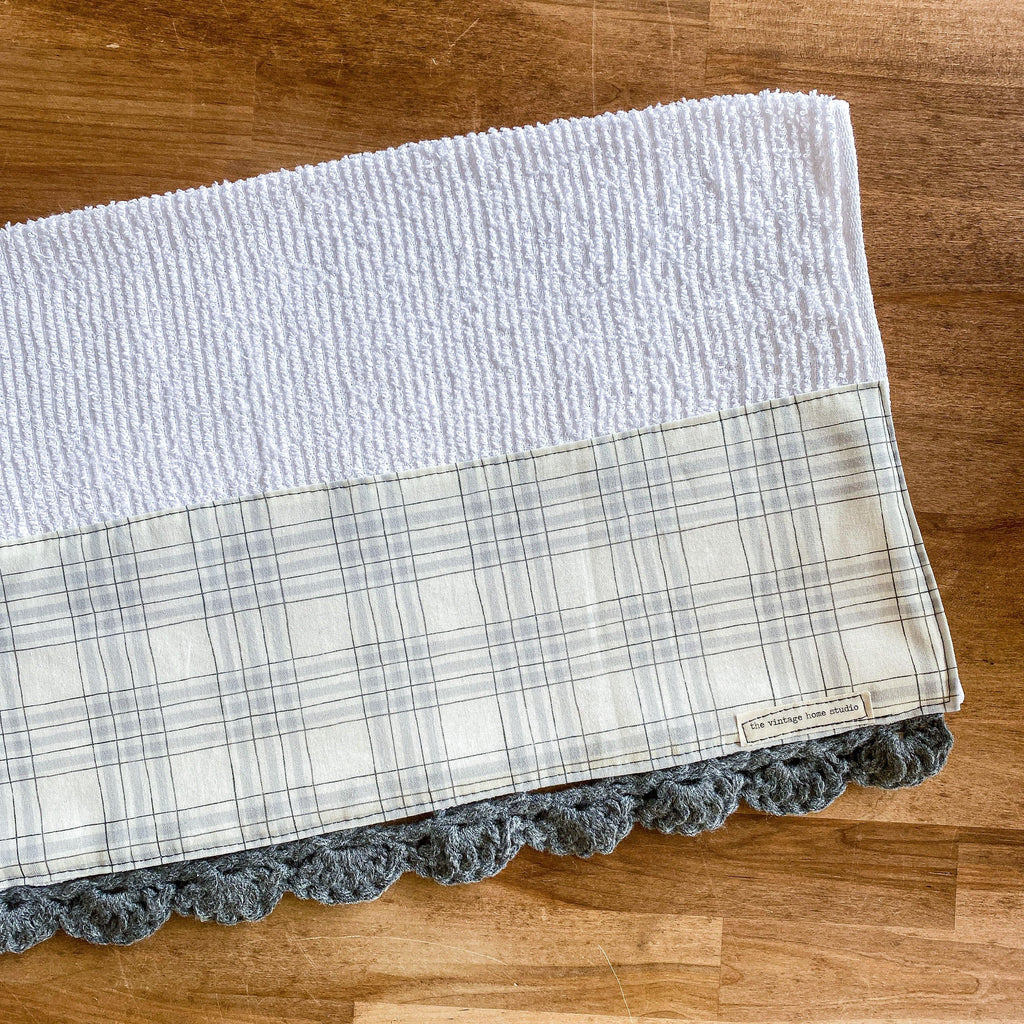 Farmhouse Plaid Crochet Kitchen Towel from the Crochet Kitchen Bar Mop Towel Collection at The Vintage Home Studio, an affordable home decor store in North Wilkesboro, NC.