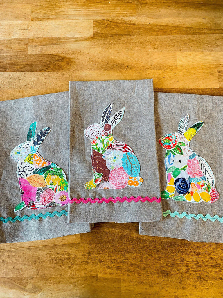 Collage Bunny on Linen Guest Towels - The Vintage Home Studio