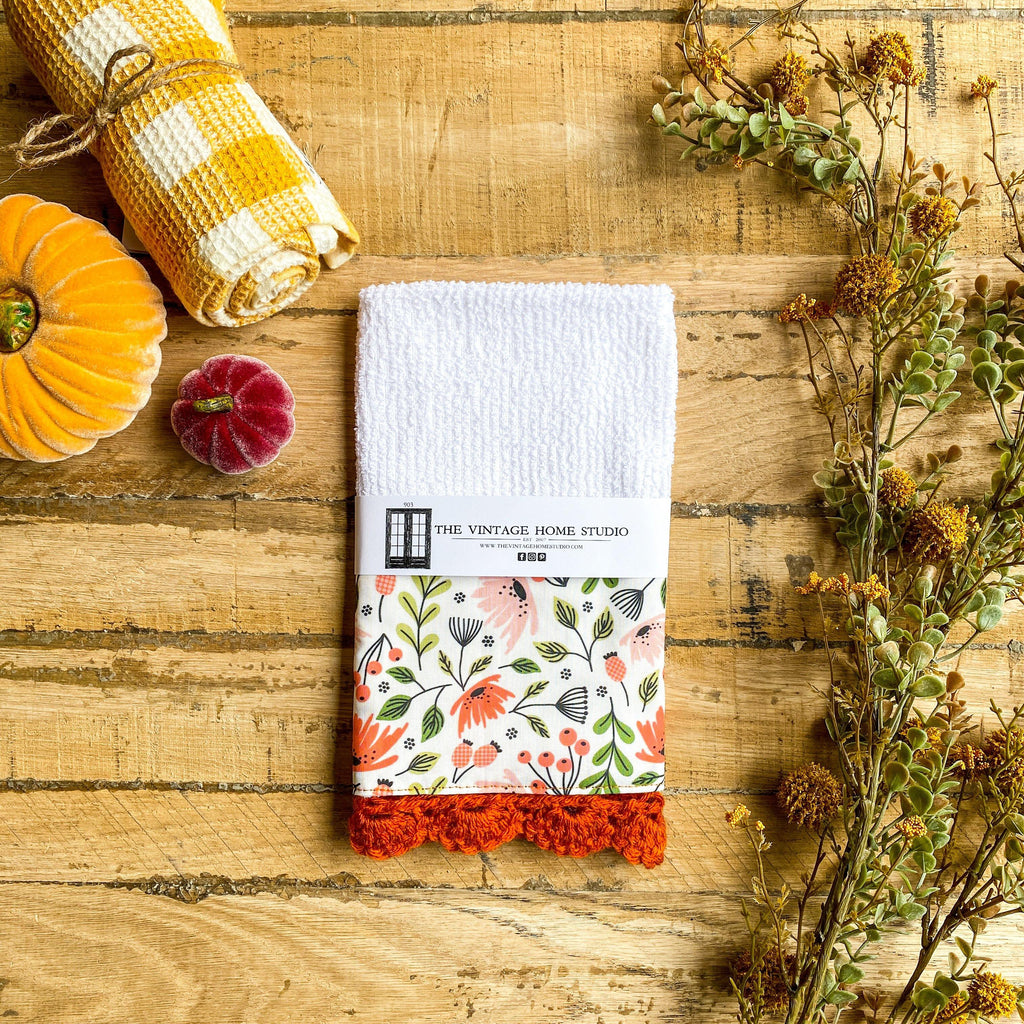 Coral Florals for Fall Crochet Kitchen Towel from the Crochet Kitchen Bar Mop Towel Collection at The Vintage Home Studio, an affordable home decor store in North Wilkesboro, NC.