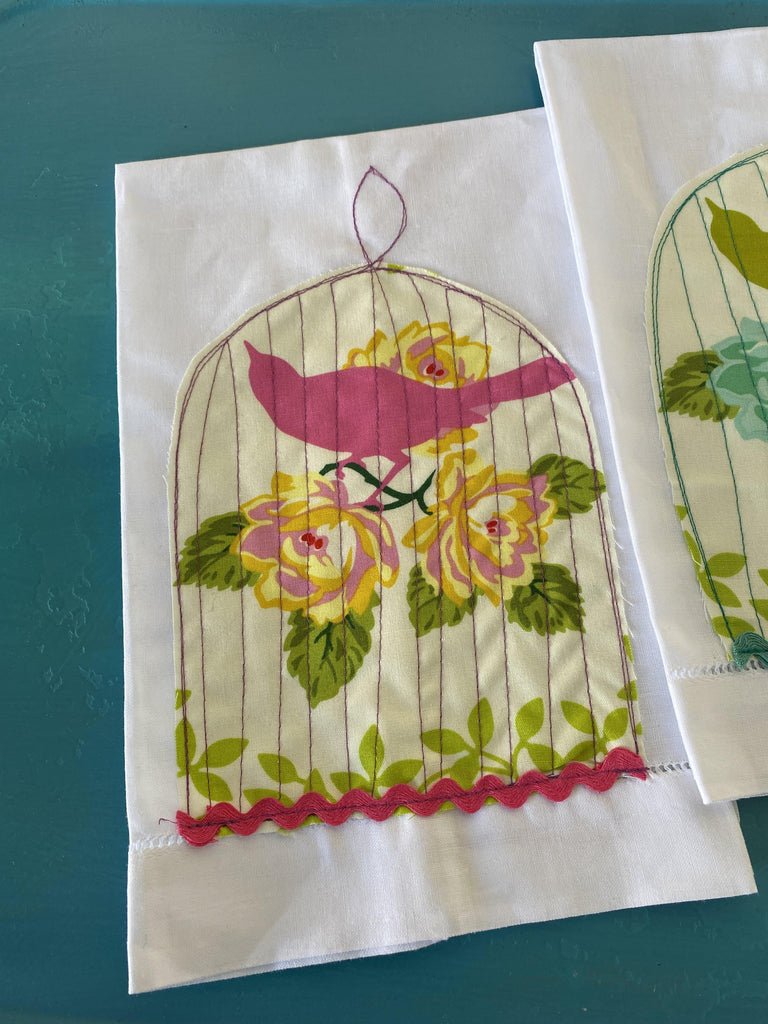 Caged Bird White Linen Hemstitch Towels - The Vintage Home Studio