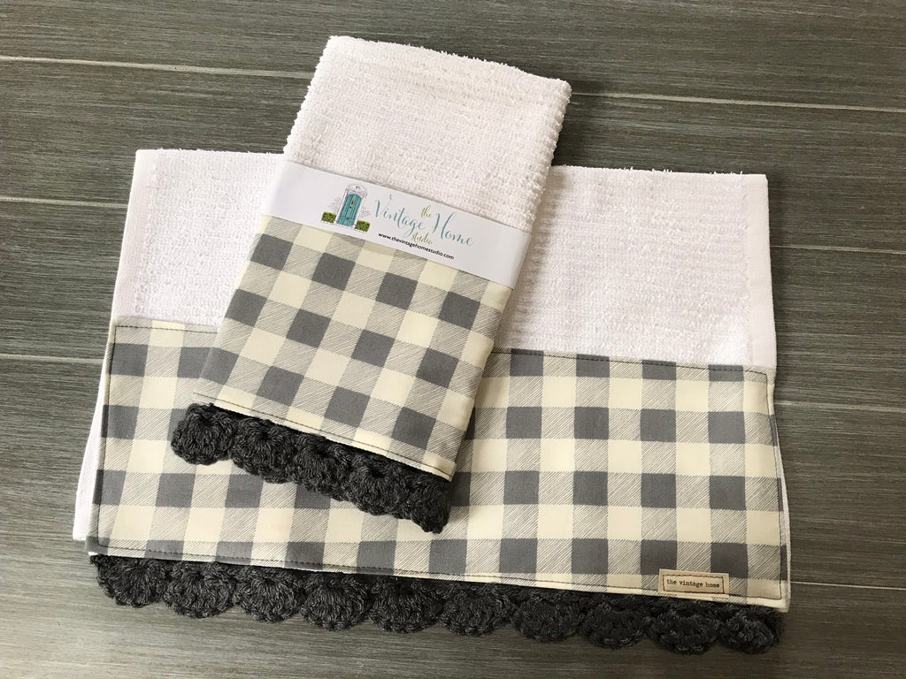 Gray Farmhouse Buffalo Check Crochet Kitchen Bar Mop Towel - The Vintage Home Studio