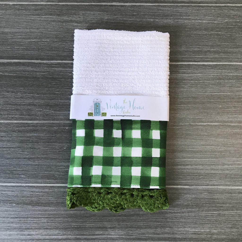 Green Watercolor Farmhouse Buffalo Check Crochet Kitchen Bar Mop Towel - The Vintage Home Studio