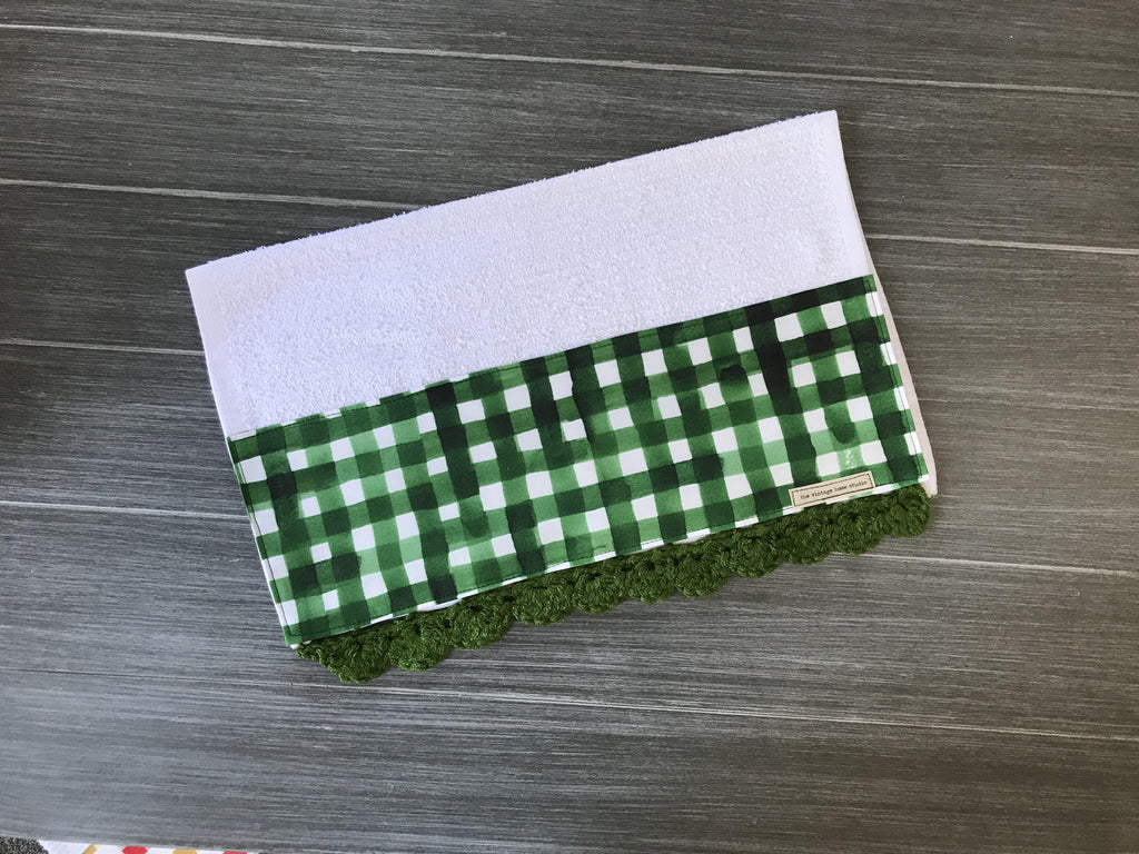 Green Watercolor Farmhouse Buffalo Check Crochet Kitchen Bar Mop Towel - The Vintage Home Studio