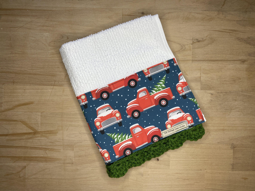 Navy Vintage Christmas Trucks Crochet Kitchen Bar Mop Towel - The Vintage Home Studio