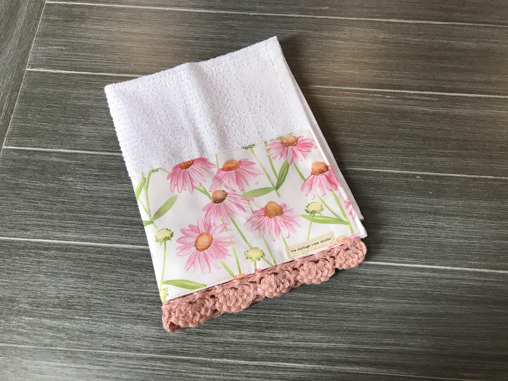Pink Daisies Crochet Kitchen Bar Mop Towel - The Vintage Home Studio