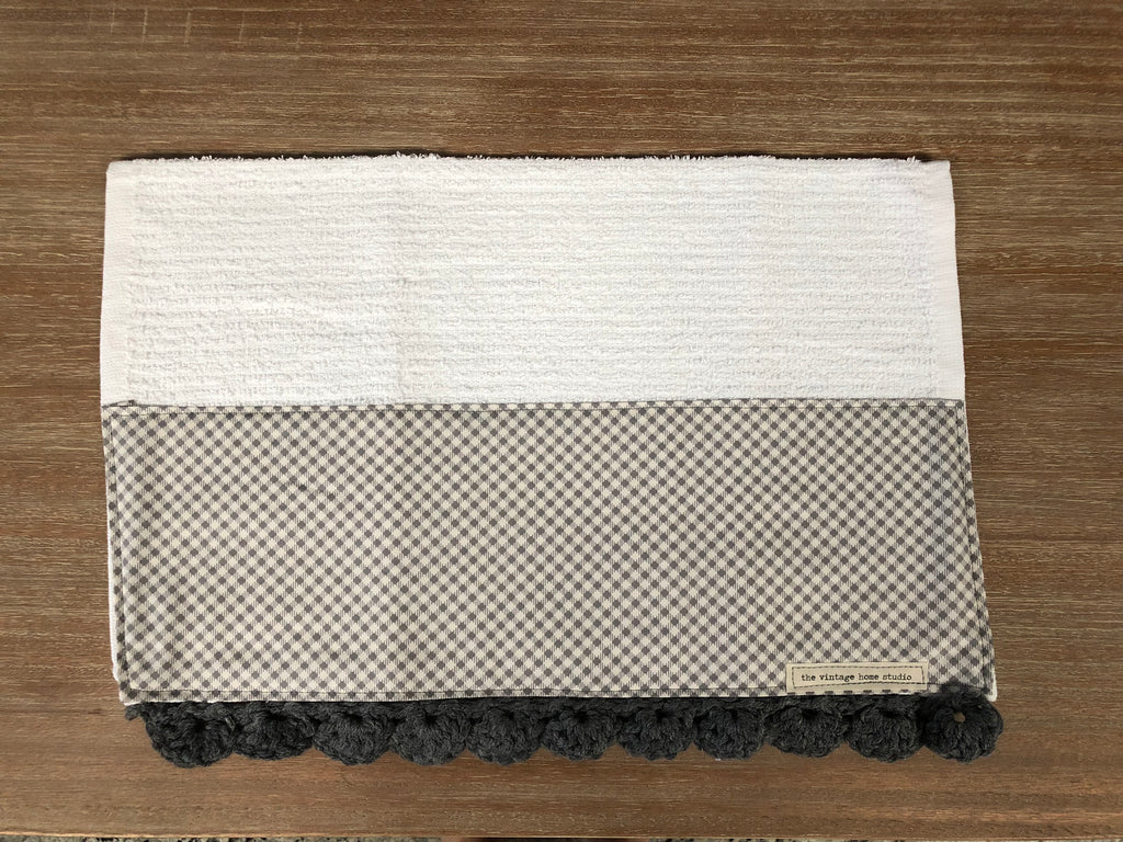 RETIRING Petits Checks in Ash Crochet Kitchen Bar Mop Towel - The Vintage Home Studio