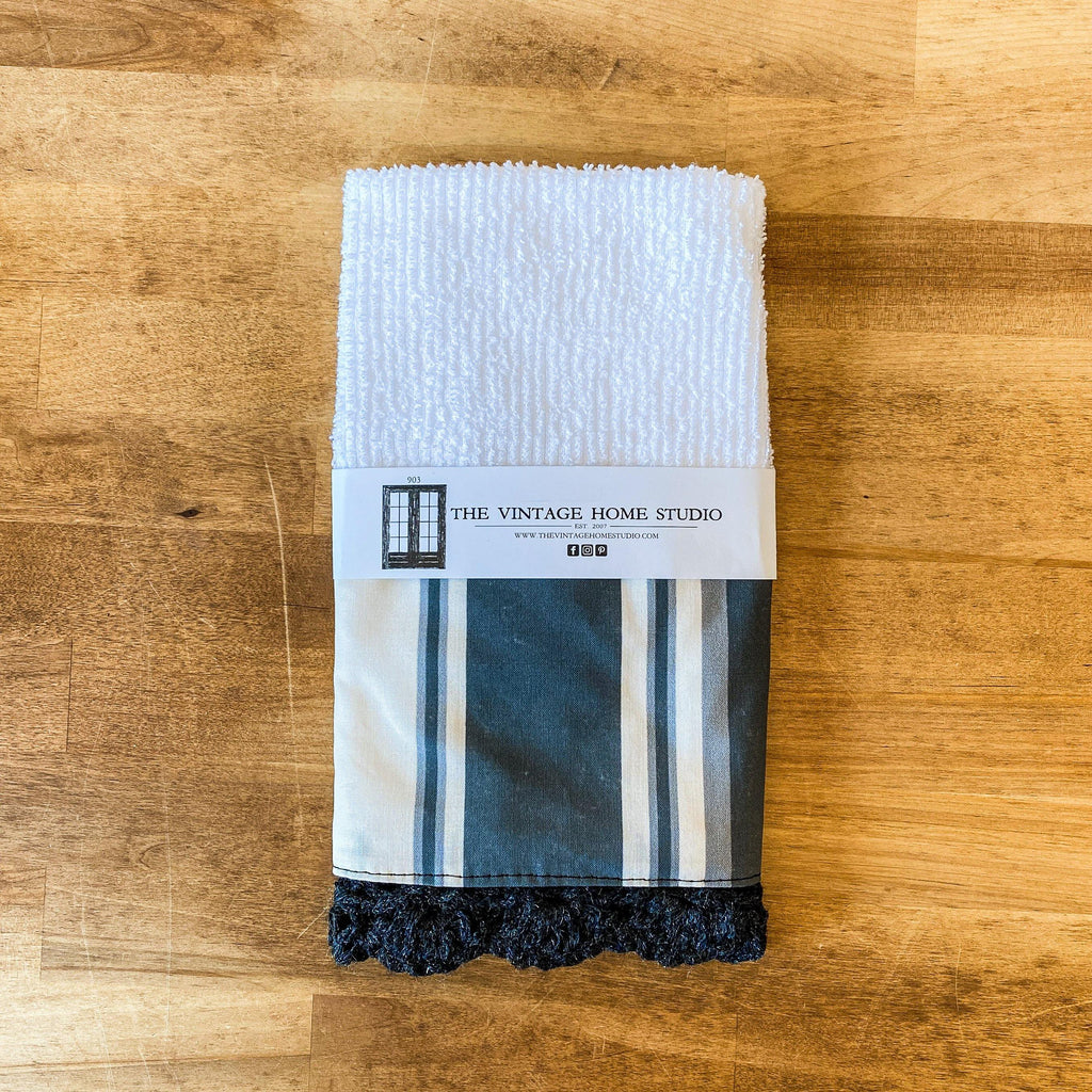 Farmhouse Black and Ivory Stripe Crochet Kitchen Towel from the Crochet Kitchen Bar Mop Towel Collection at The Vintage Home Studio, an affordable home decor store in North Wilkesboro, NC.