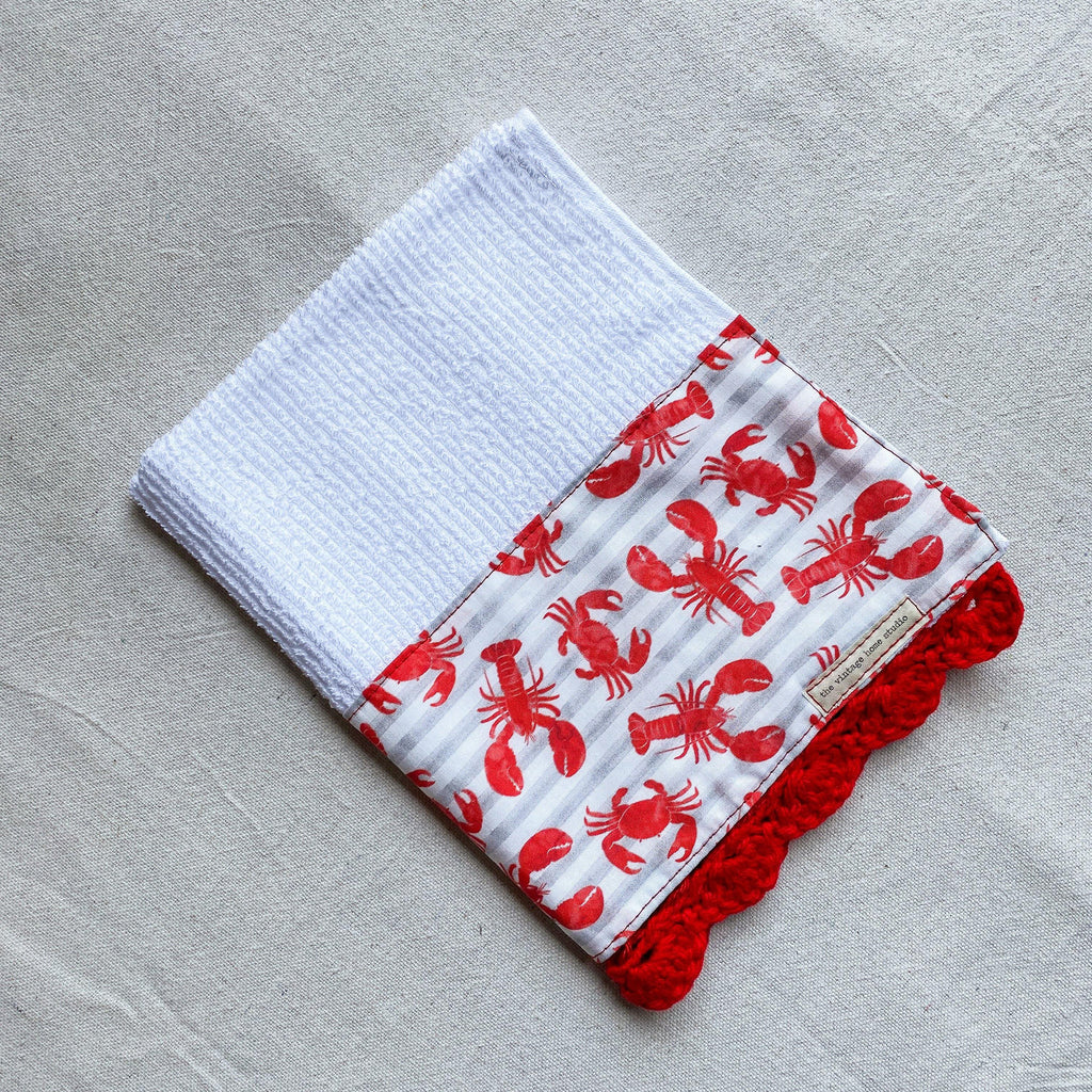 Lobsters and Crabs Crochet Kitchen Towel from the Crochet Kitchen Bar Mop Towel Collection at The Vintage Home Studio, an affordable home decor store in North Wilkesboro, NC.