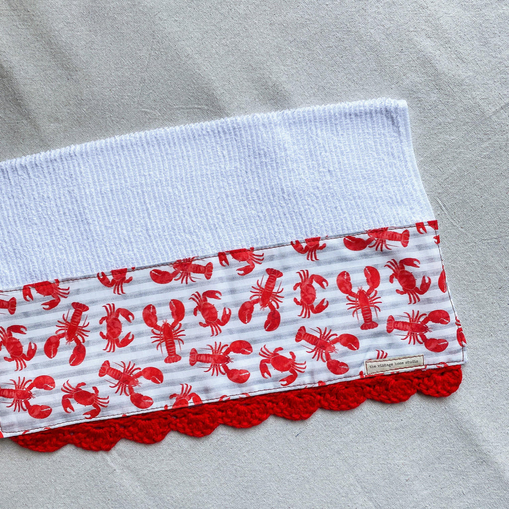 Lobsters and Crabs Crochet Kitchen Towel from the Crochet Kitchen Bar Mop Towel Collection at The Vintage Home Studio, an affordable home decor store in North Wilkesboro, NC.
