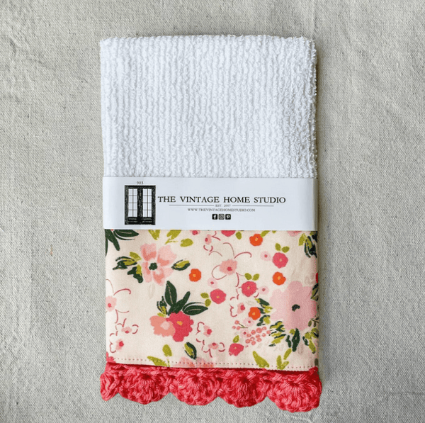 Pink Blooms on Aqua Crochet Kitchen Towel