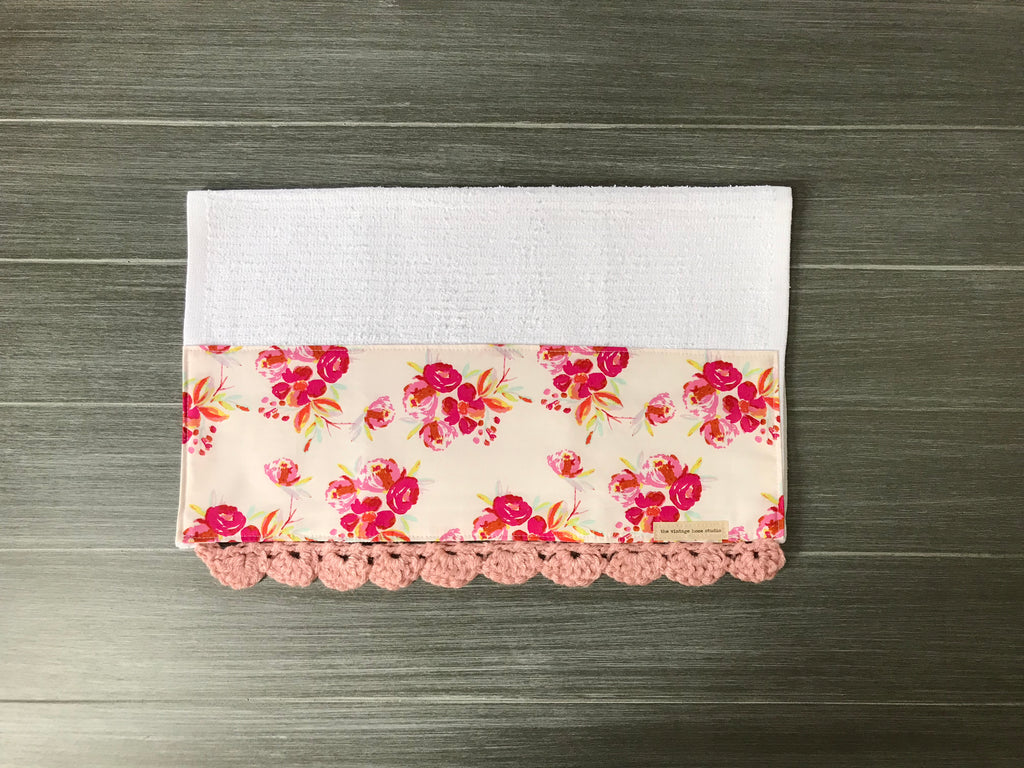 RETIRING Corsage Charm Pink Crochet Kitchen Bar Mop Towel - The Vintage Home Studio