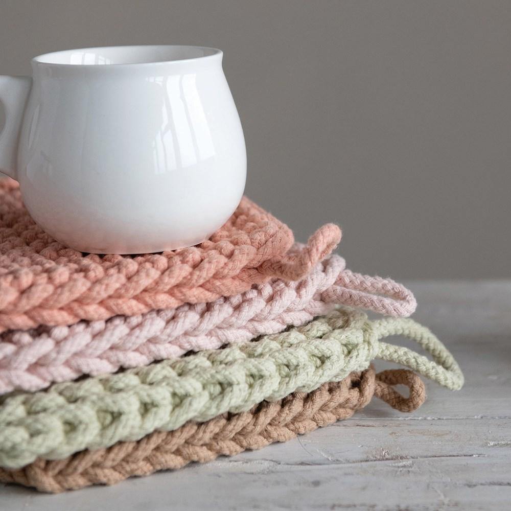 Square Crochet Pot Holders in Blush Tones from the Kitchen Accents Collection at The Vintage Home Studio, an affordable home decor store in North Wilkesboro, NC.