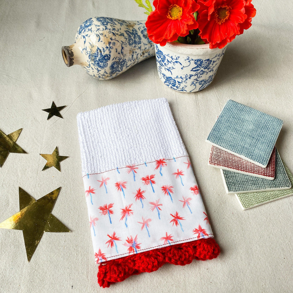 Red, White and Boom Crochet Kitchen Towel - The Vintage Home Studio