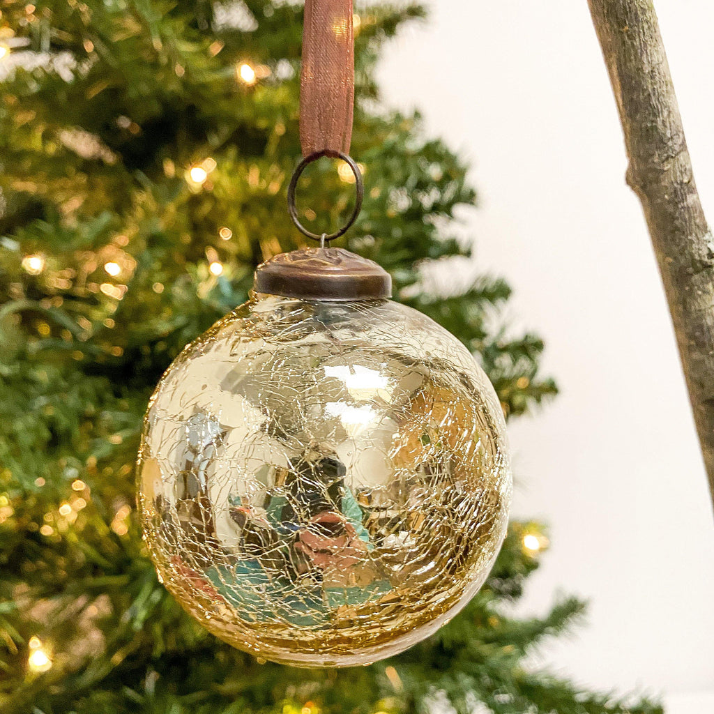 3" Gold Crackle Glass Ornament from the Christmas Collection at The Vintage Home Studio, an affordable home decor store in North Wilkesboro, NC.