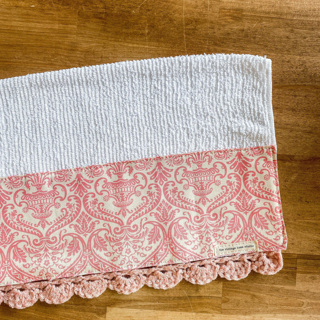 Pink Damask Crochet Kitchen Towel from the Crochet Kitchen Bar Mop Towel Collection at The Vintage Home Studio, an affordable home decor store in North Wilkesboro, NC.
