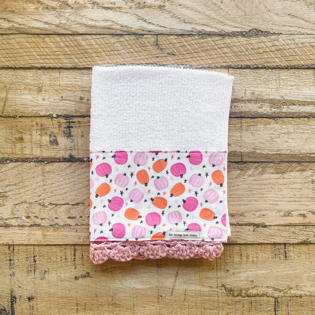 Pretty in Pink Pumpkins Crochet Kitchen Towel from the Crochet Kitchen Bar Mop Towel Collection at The Vintage Home Studio, an affordable home decor store in North Wilkesboro, NC.