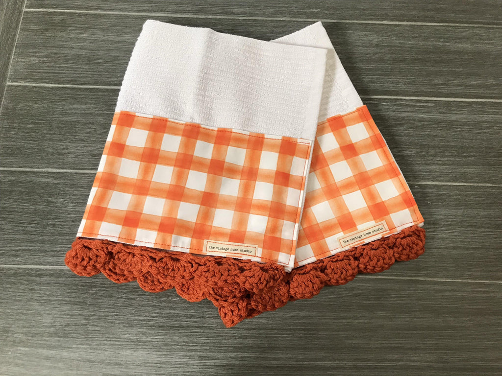 Orange Watercolor Farmhouse Buffalo Check Crochet Kitchen Bar Mop Towel - The Vintage Home Studio