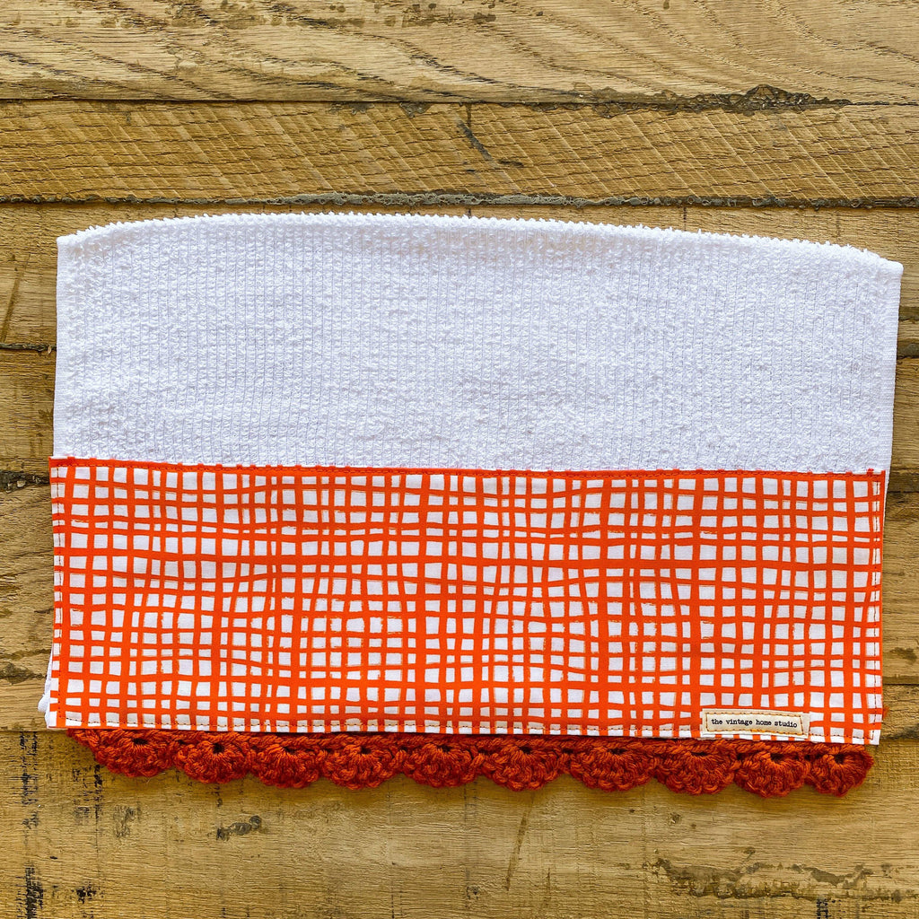 Orange Grid Crochet Kitchen Towel from the Crochet Kitchen Bar Mop Towel Collection at The Vintage Home Studio, an affordable home decor store in North Wilkesboro, NC.