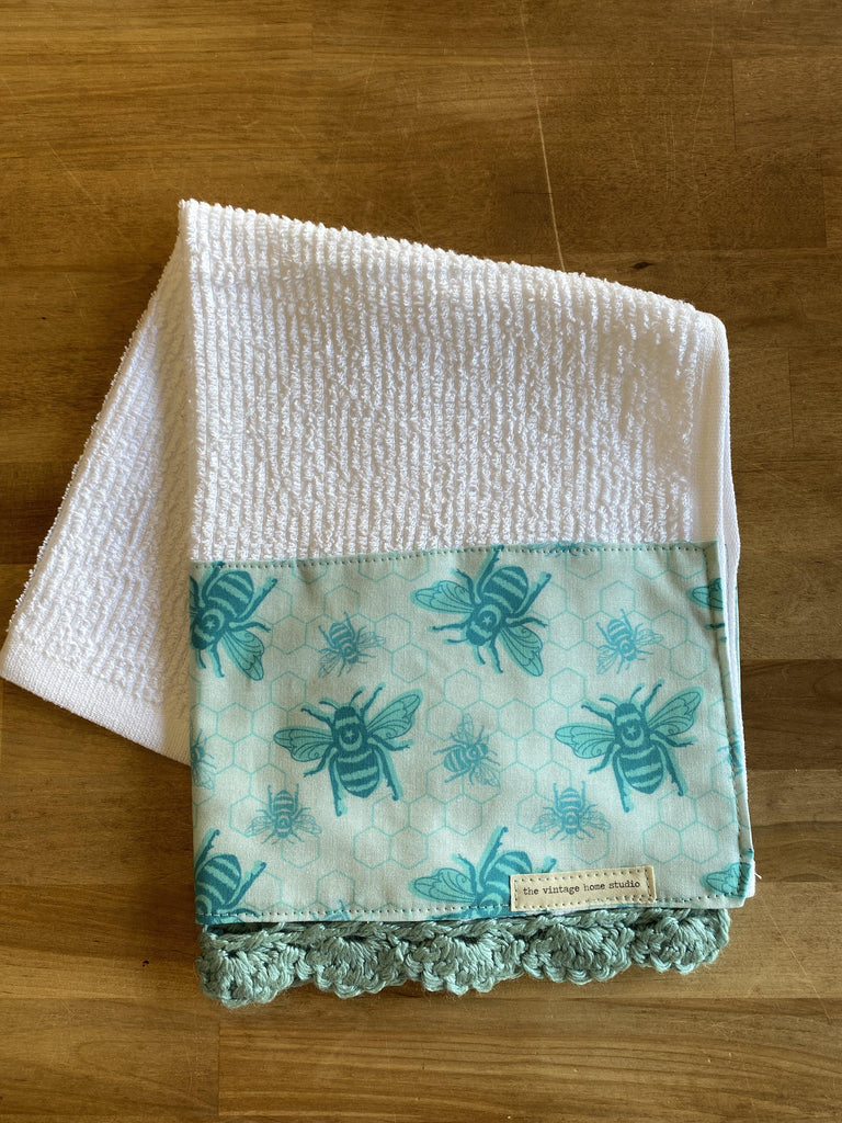Teal Bees Crochet Kitchen Towel - The Vintage Home Studio