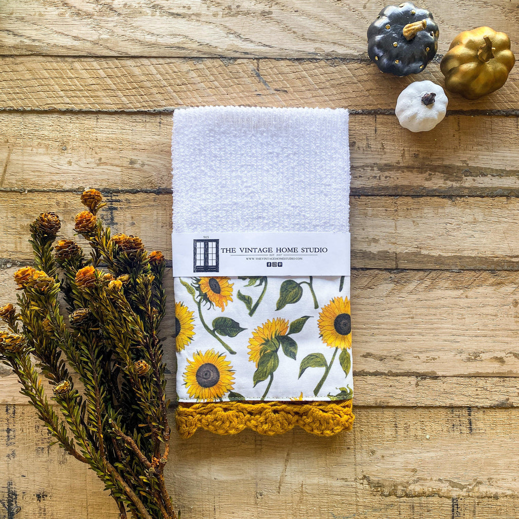 Classic Sunflowers Crochet Kitchen Towel from the Crochet Kitchen Bar Mop Towel Collection at The Vintage Home Studio, an affordable home decor store in North Wilkesboro, NC.