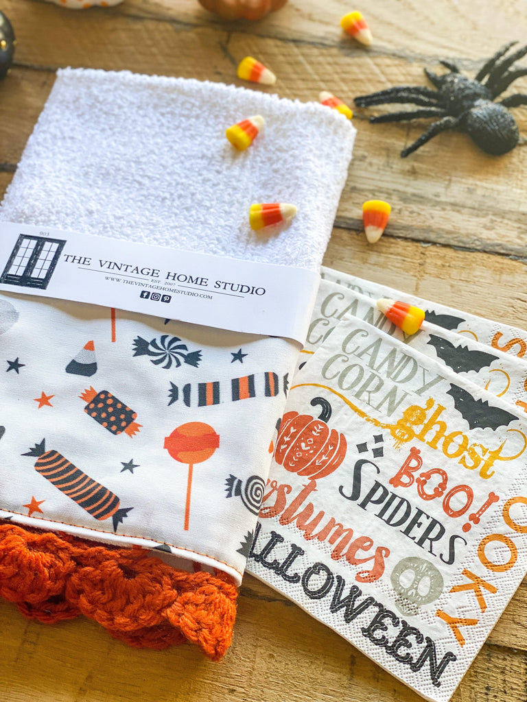 Trick or Treat Crochet Kitchen Towel from the Crochet Kitchen Bar Mop Towel Collection at The Vintage Home Studio, an affordable home decor store in North Wilkesboro, NC.