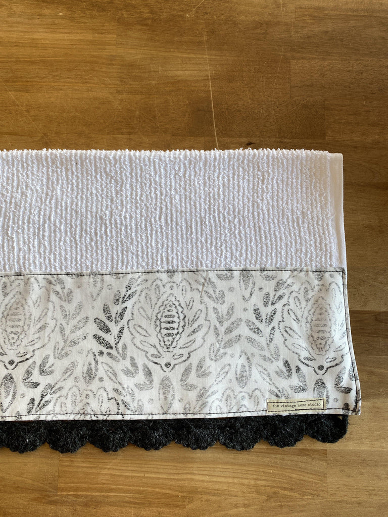 Distressed Grey Damask Crochet Kitchen Towel - The Vintage Home Studio