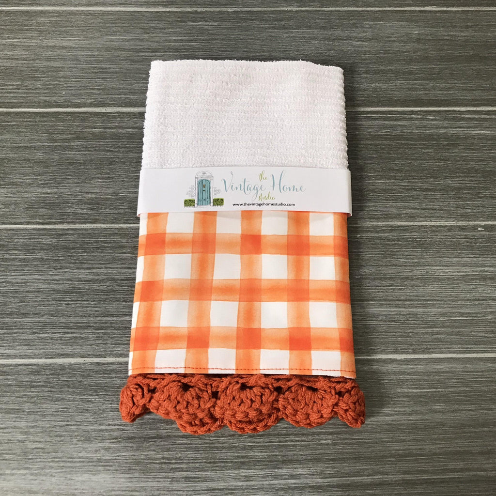 Orange Watercolor Farmhouse Buffalo Check Crochet Kitchen Bar Mop Towel - The Vintage Home Studio