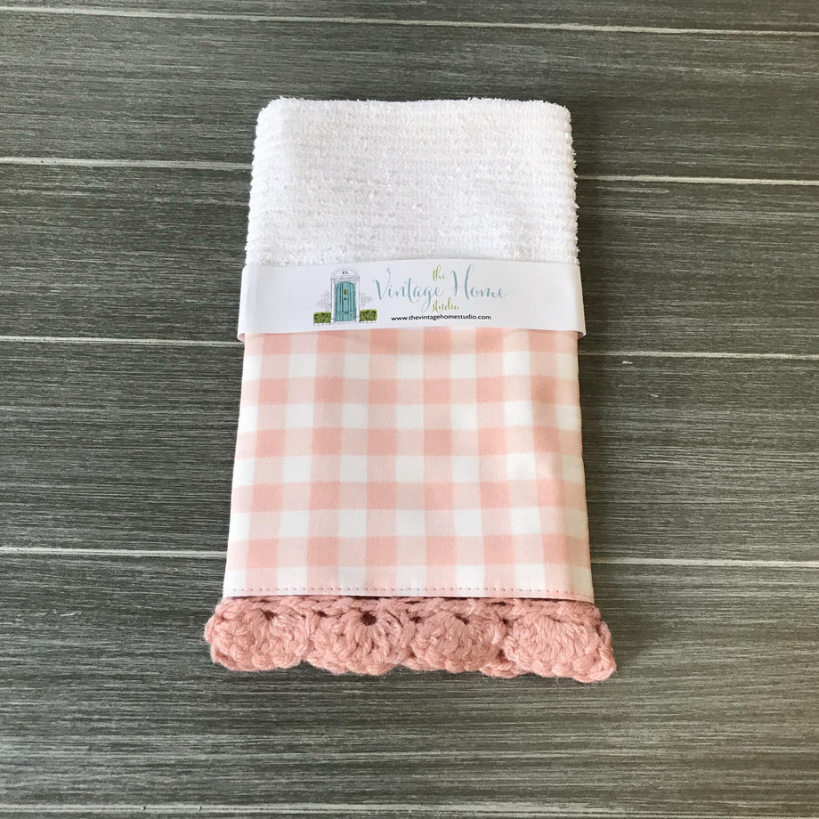Pink Farmhouse Buffalo Check Crochet Kitchen Towel