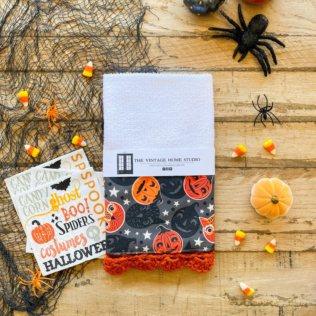 Vintage Halloween Pals Crochet Kitchen Towel from the Crochet Kitchen Bar Mop Towel Collection at The Vintage Home Studio, an affordable home decor store in North Wilkesboro, NC.