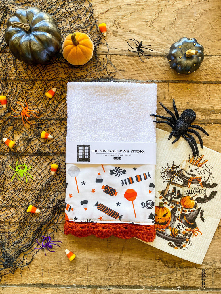 Trick or Treat Crochet Kitchen Towel from the Crochet Kitchen Bar Mop Towel Collection at The Vintage Home Studio, an affordable home decor store in North Wilkesboro, NC.