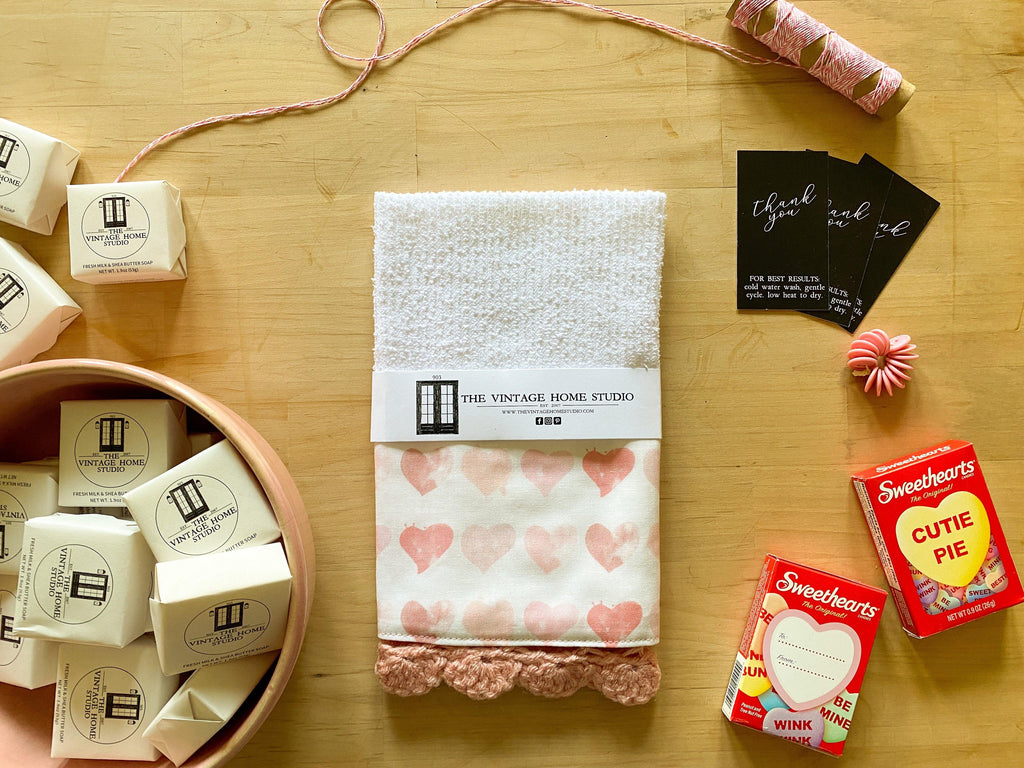 Pastel Pink Hearts Crochet Kitchen Towel - The Vintage Home Studio