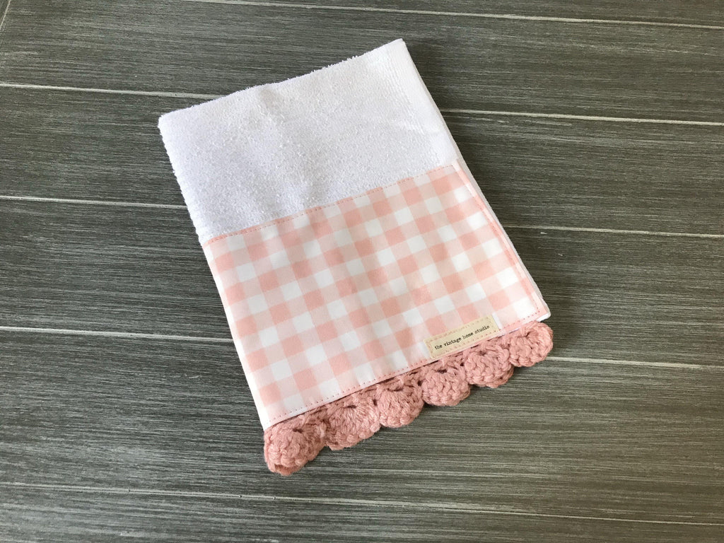 Pastel Pink Farmhouse Buffalo Check Crochet Kitchen Bar Mop Towel - The Vintage Home Studio