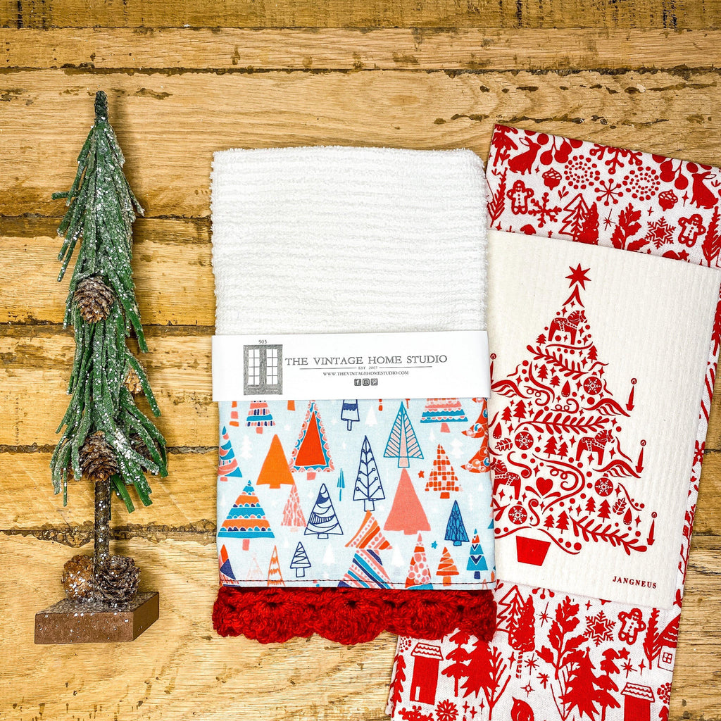 Pretty Little Christmas Trees Crochet Kitchen Towel from the Crochet Kitchen Bar Mop Towel Collection at The Vintage Home Studio, an affordable home decor store in North Wilkesboro, NC.