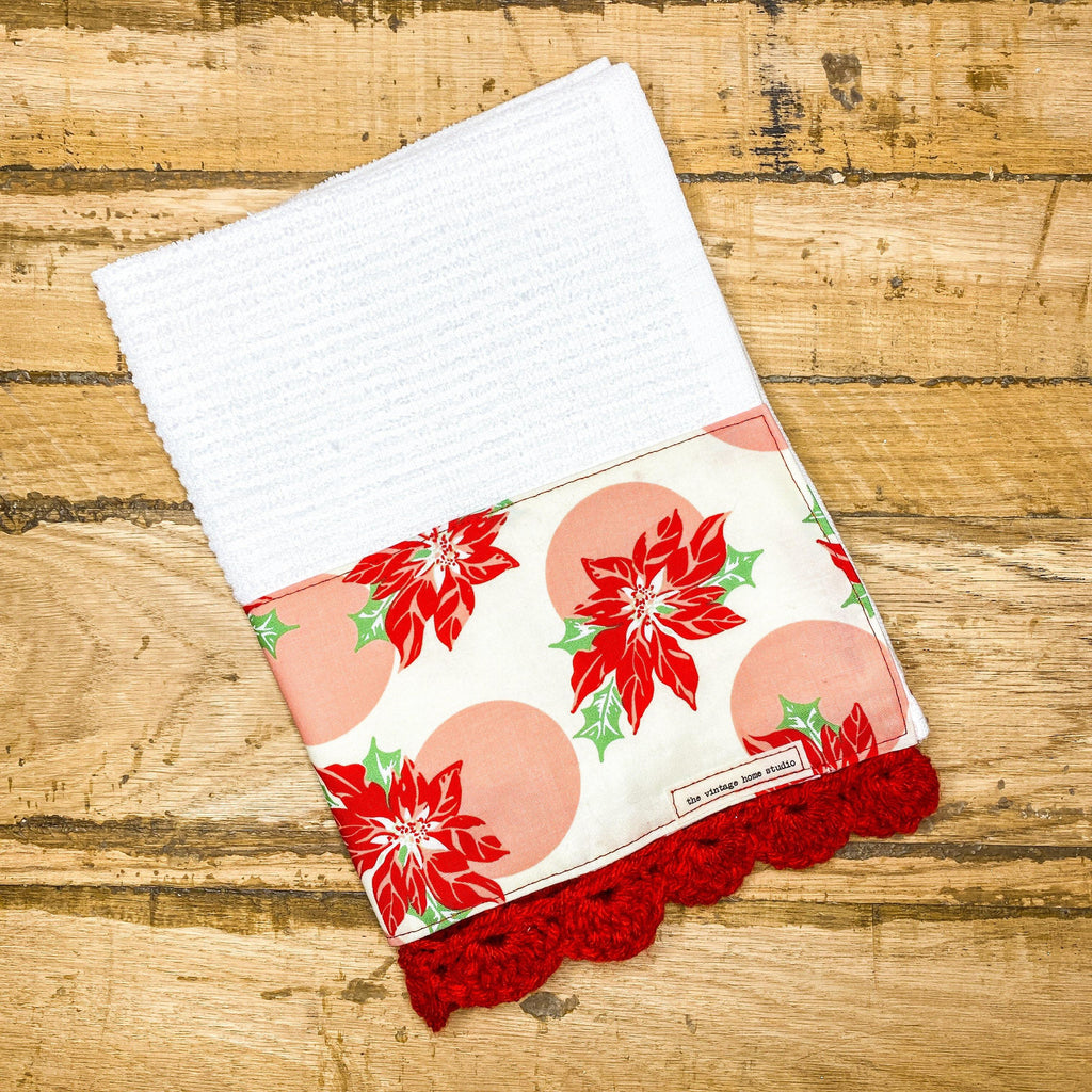 Poinsettia Christmas Crochet Kitchen Towel from the Crochet Kitchen Bar Mop Towel Collection at The Vintage Home Studio, an affordable home decor store in North Wilkesboro, NC.