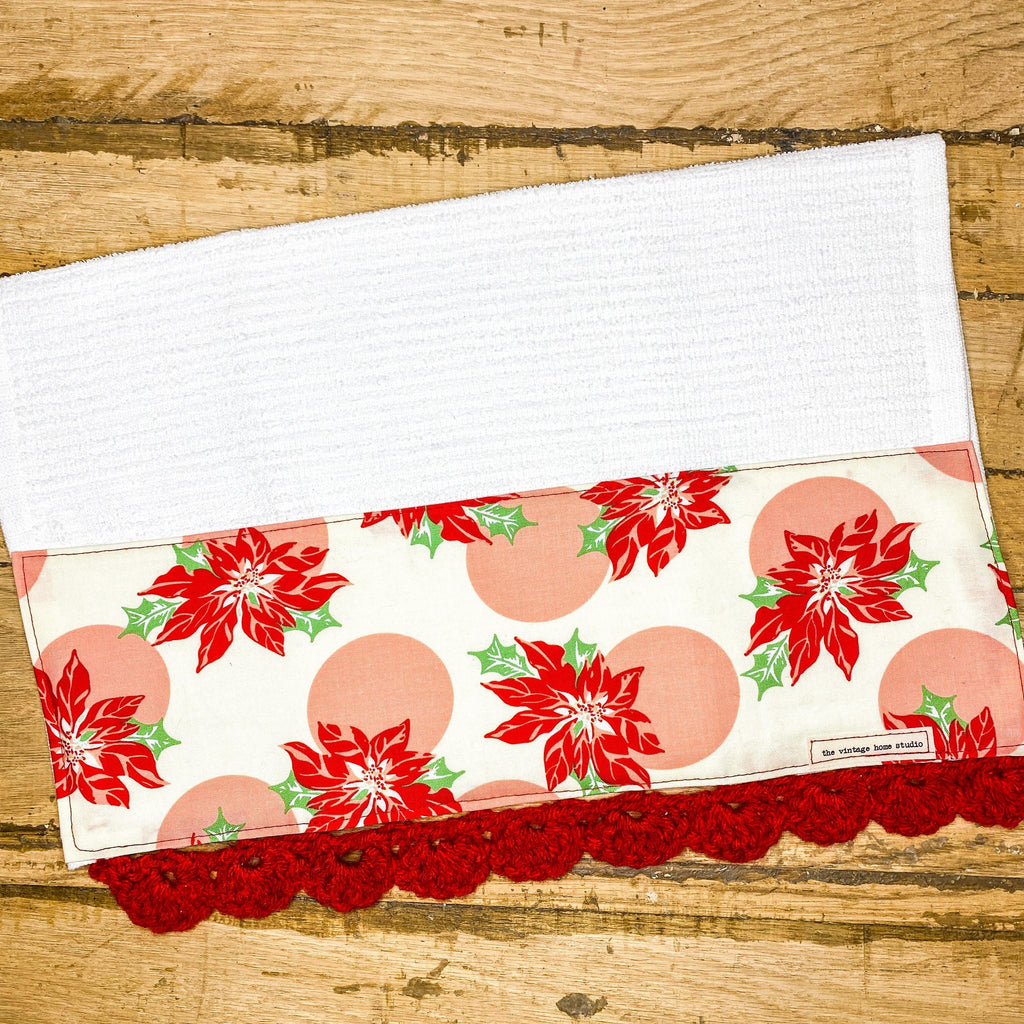 Poinsettia Christmas Crochet Kitchen Towel from the Crochet Kitchen Bar Mop Towel Collection at The Vintage Home Studio, an affordable home decor store in North Wilkesboro, NC.