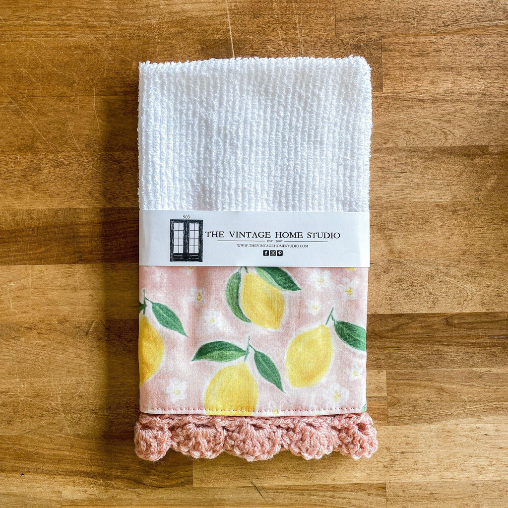 Sweet Pink Lemons Crochet Kitchen Towel from the Crochet Kitchen Bar Mop Towel Collection at The Vintage Home Studio, an affordable home decor store in North Wilkesboro, NC.