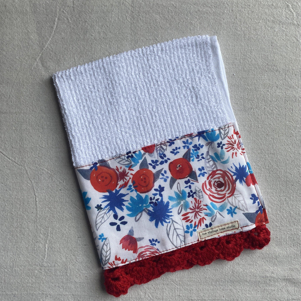 Land of the Free Floral Crochet Kitchen Towel - The Vintage Home Studio
