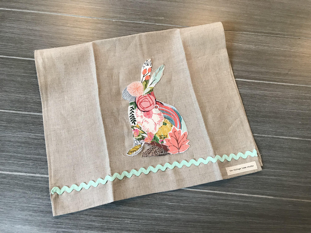 Collage Bunny on Oatmeal Linen Guest Towel - The Vintage Home Studio