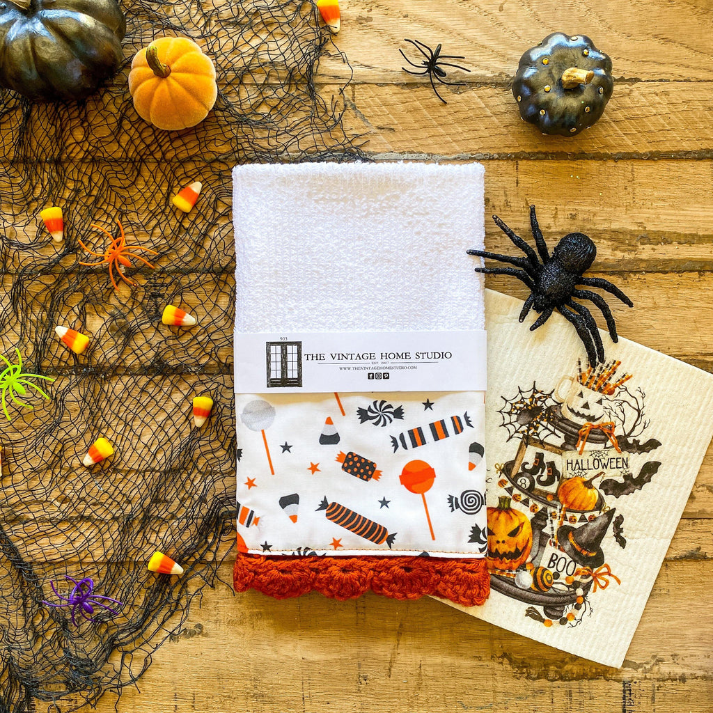 Trick or Treat Crochet Kitchen Towel from the Crochet Kitchen Bar Mop Towel Collection at The Vintage Home Studio, an affordable home decor store in North Wilkesboro, NC.