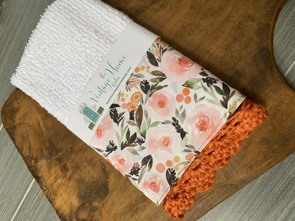 Tangerine Floral Crochet Kitchen Bar Mop Towel - The Vintage Home Studio