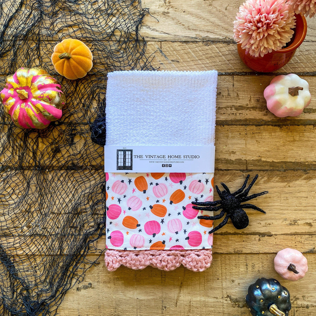 Pretty in Pink Pumpkins Crochet Kitchen Towel from the Crochet Kitchen Bar Mop Towel Collection at The Vintage Home Studio, an affordable home decor store in North Wilkesboro, NC.