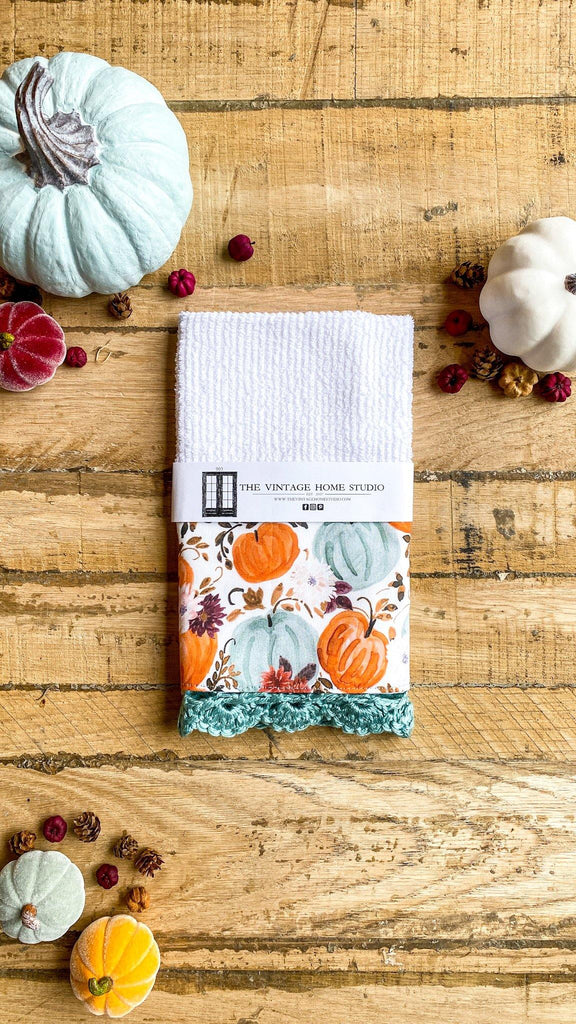 Happy Harvest Crochet Kitchen Towel from the Crochet Kitchen Bar Mop Towel Collection at The Vintage Home Studio, an affordable home decor store in North Wilkesboro, NC.