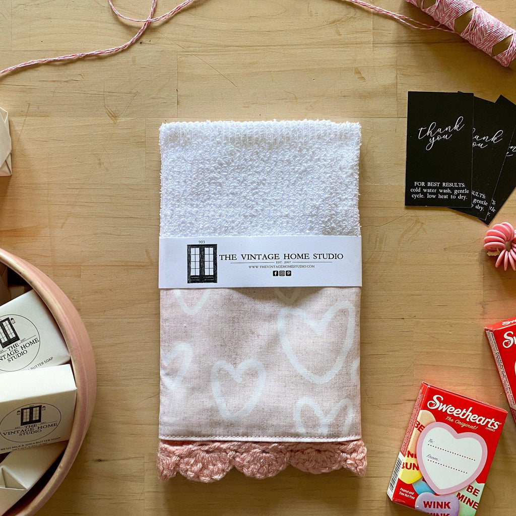 Pink Acid Washed Hearts Crochet Kitchen Towel - The Vintage Home Studio